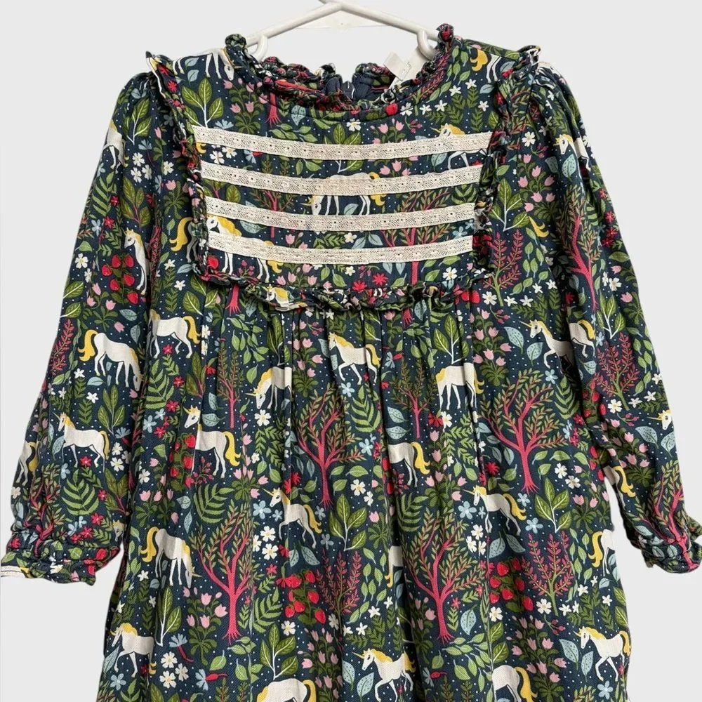 Mini Boden Nostalgic Ruffle Unicorn Forest Dress Size 3-4Y Navy Magical Cute